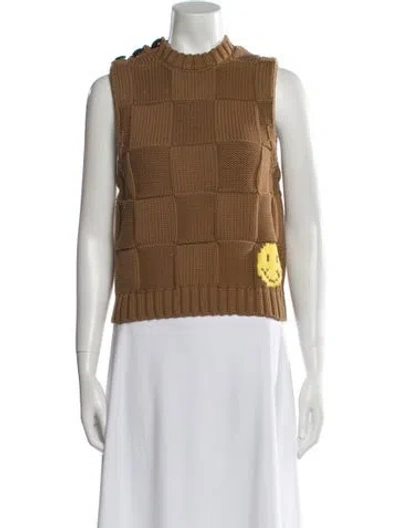 Pre-owned Ganni Plaid Print Crew Neck Sweater In Brown