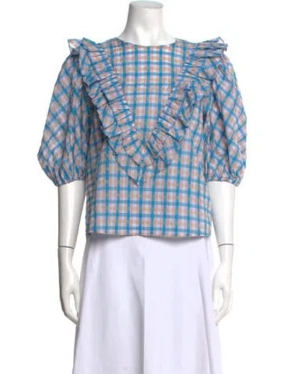 Pre-owned Ganni Plaid Print Crew Neck Top In Blue