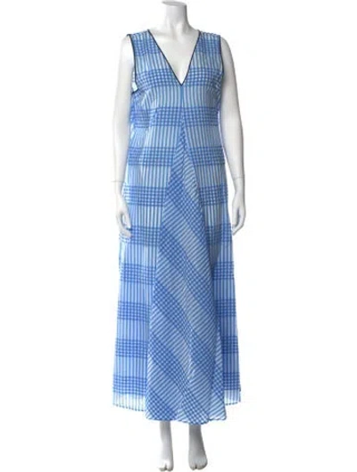 Pre-owned Ganni Plaid Print Long Dress In Blue