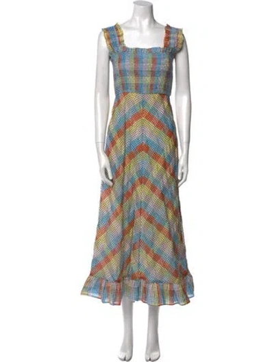 Pre-owned Ganni Plaid Print Long Dress In Blue