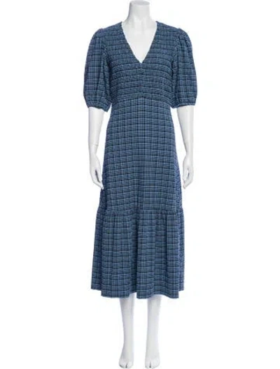 Pre-owned Ganni Plaid Print Long Dress In Blue