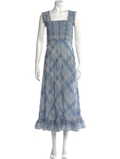 Pre-owned Ganni Plaid Print Long Dress In Blue