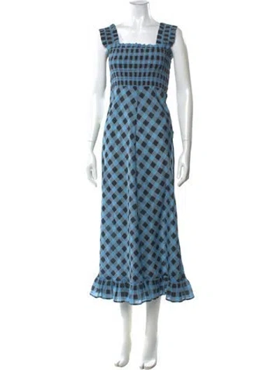 Pre-owned Ganni Plaid Print Long Dress In Blue