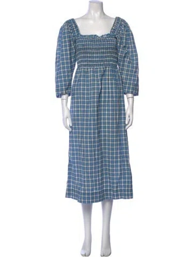 Pre-owned Ganni Plaid Print Long Dress In Blue