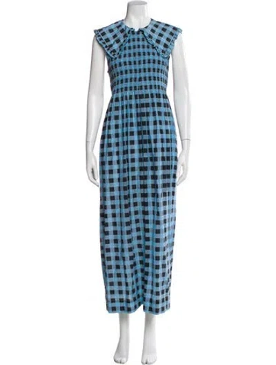 Pre-owned Ganni Plaid Print Long Dress In Blue