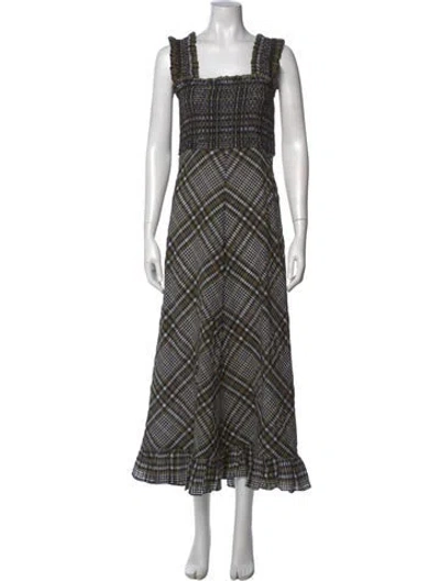 Pre-owned Ganni Plaid Print Long Dress In Green