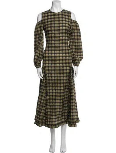 Pre-owned Ganni Plaid Print Long Dress In Green