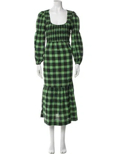 Pre-owned Ganni Plaid Print Long Dress In Green