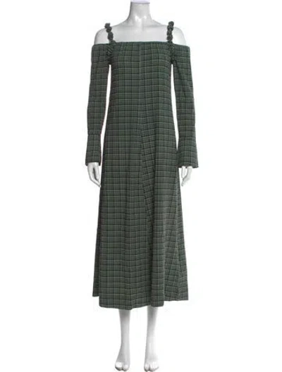 Pre-owned Ganni Plaid Print Long Dress In Green