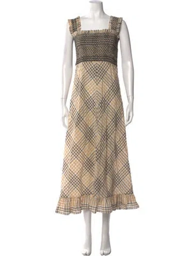 Pre-owned Ganni Plaid Print Long Dress In Neutral
