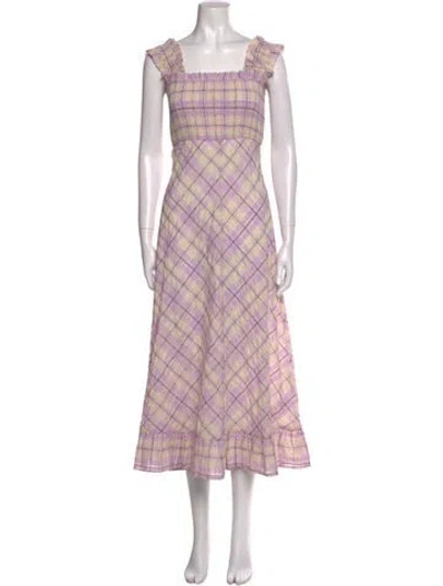 Pre-owned Ganni Plaid Print Long Dress In Purple