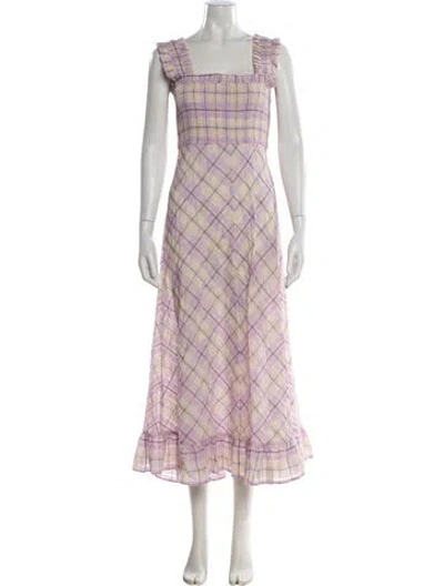 Pre-owned Ganni Plaid Print Long Dress In Purple