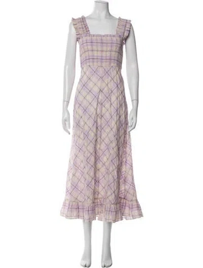 Pre-owned Ganni Plaid Print Long Dress In Purple