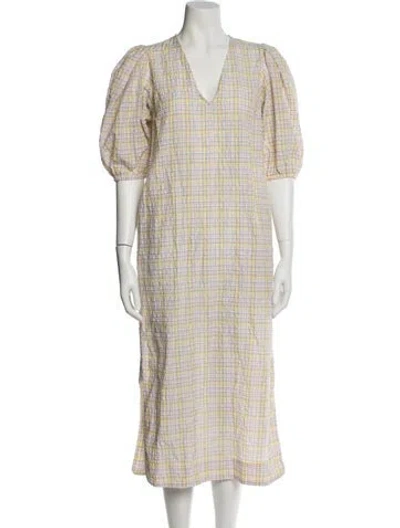Pre-owned Ganni Plaid Print Long Dress In Yellow