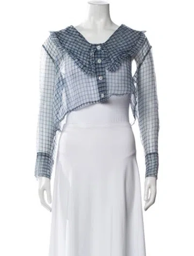 Pre-owned Ganni Plaid Print Long Sleeve Blouse In Blue
