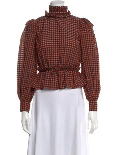 Pre-owned Ganni Plaid Print Long Sleeve Blouse In Orange
