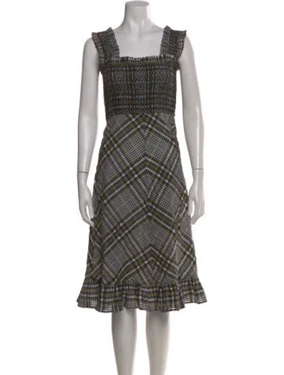 Pre-owned Ganni Plaid Print Midi Length Dress In Green