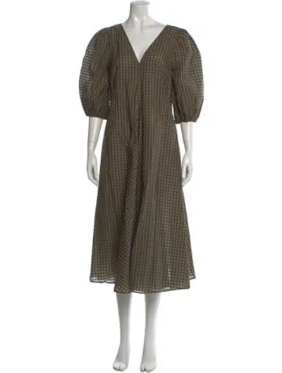Pre-owned Ganni Plaid Print Midi Length Dress In Green