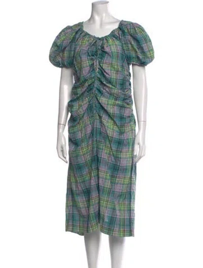 Pre-owned Ganni Plaid Print Midi Length Dress W/ Tags In Blue