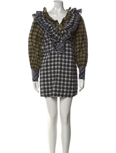 Pre-owned Ganni Plaid Print Mini Dress In Black