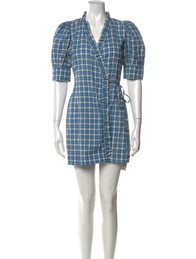 Pre-owned Ganni Plaid Print Mini Dress In Blue