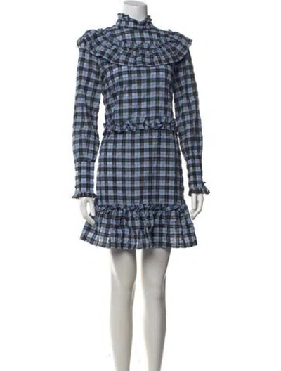 Pre-owned Ganni Plaid Print Mini Dress In Blue