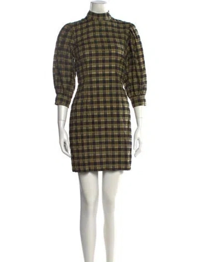 Pre-owned Ganni Plaid Print Mini Dress In Green