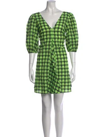 Pre-owned Ganni Plaid Print Mini Dress In Green