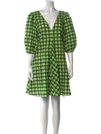 Pre-owned Ganni Plaid Print Mini Dress In Green