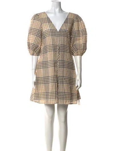 Pre-owned Ganni Plaid Print Mini Dress In Neutral