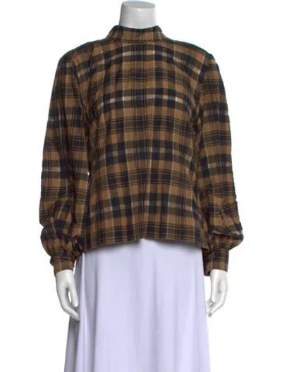 Pre-owned Ganni Plaid Print Mock Neck Blouse In Multi