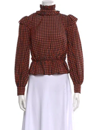 Pre-owned Ganni Plaid Print Mock Neck Blouse In Orange