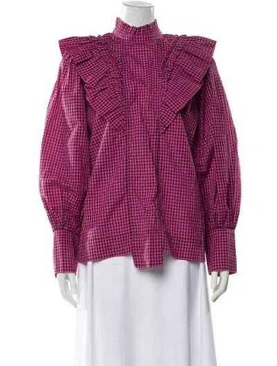 Pre-owned Ganni Plaid Print Mock Neck Blouse In Pink