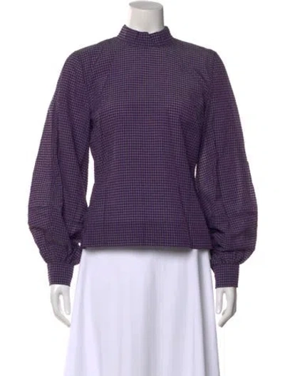 Pre-owned Ganni Plaid Print Mock Neck Blouse In Purple