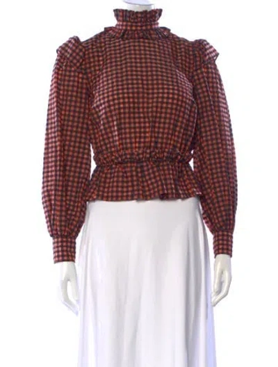 Pre-owned Ganni Plaid Print Mock Neck Blouse In Red