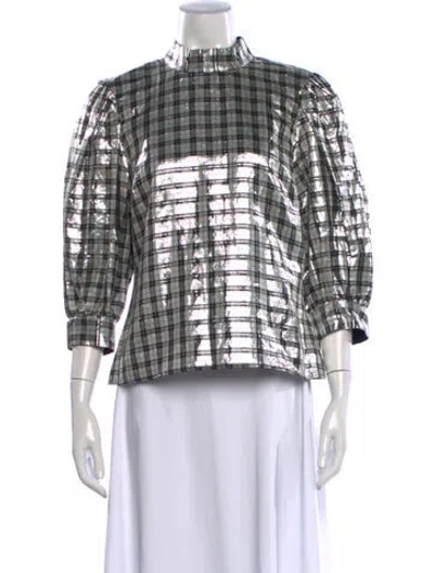 Pre-owned Ganni Plaid Print Mock Neck Top In Silver