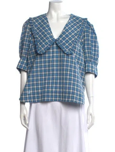 Pre-owned Ganni Plaid Print Plunge Neckline Blouse In Blue