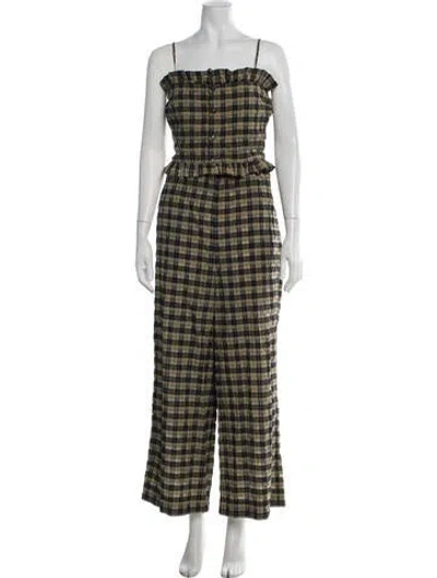 Pre-owned Ganni Plaid Print Ruffle Embellishment Pant Set In Green