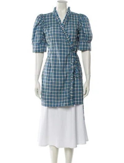 Pre-owned Ganni Plaid Print Short Sleeve Tunic In Blue