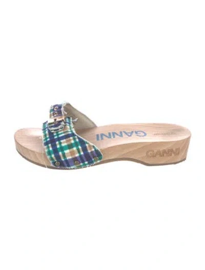 Pre-owned Ganni Plaid Print Slides In Blue