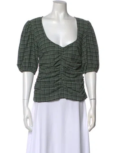 Pre-owned Ganni Plaid Print Square Neckline Blouse In Green