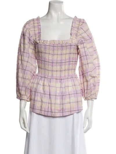 Pre-owned Ganni Plaid Print Square Neckline Blouse In Purple