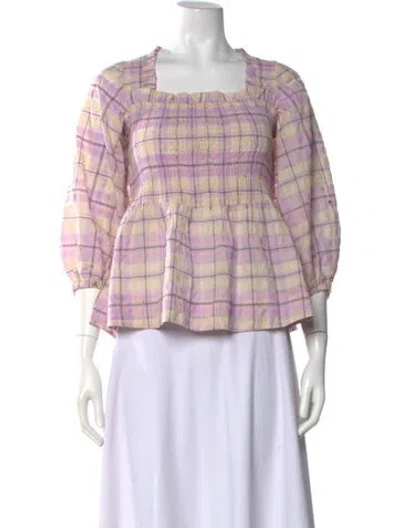 Pre-owned Ganni Plaid Print Square Neckline Blouse In Purple