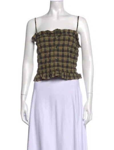 Pre-owned Ganni Plaid Print Square Neckline Crop Top In Green