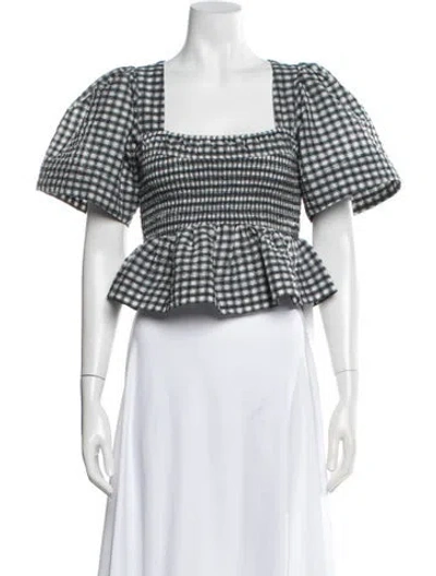 Pre-owned Ganni Plaid Print Square Neckline Crop Top In White