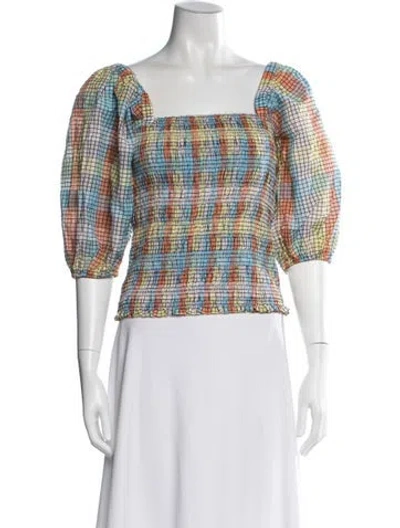 Pre-owned Ganni Plaid Print Square Neckline Top In White