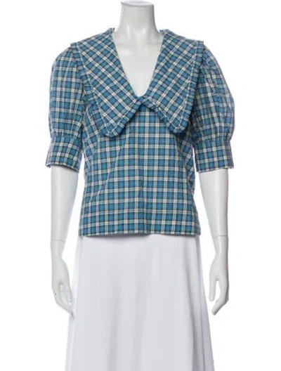 Pre-owned Ganni Plaid Print Three-quarter Sleeve Blouse In Blue