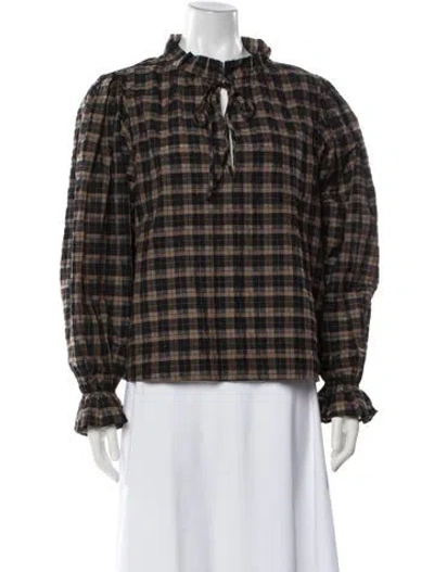 Pre-owned Ganni Plaid Print Tie Neck Blouse W/ Tags