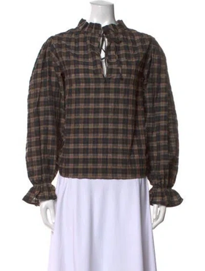 Pre-owned Ganni Plaid Print Tie Neck Blouse W/ Tags In Neutrals
