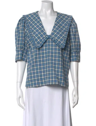 Pre-owned Ganni Plaid Print V-neck Blouse In Blue